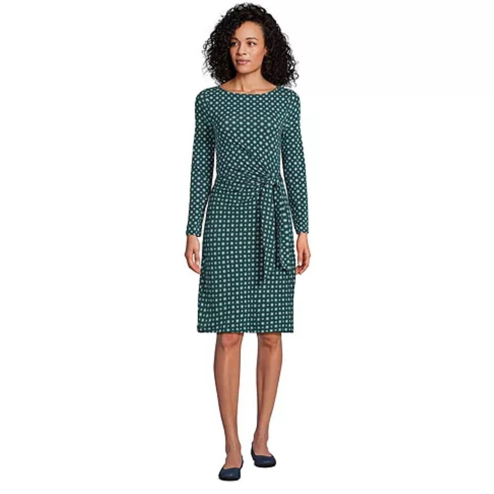 Lands’ End Dress Long Sleeve Lightweight Cotton Modal Boatneck Tie Waist Small